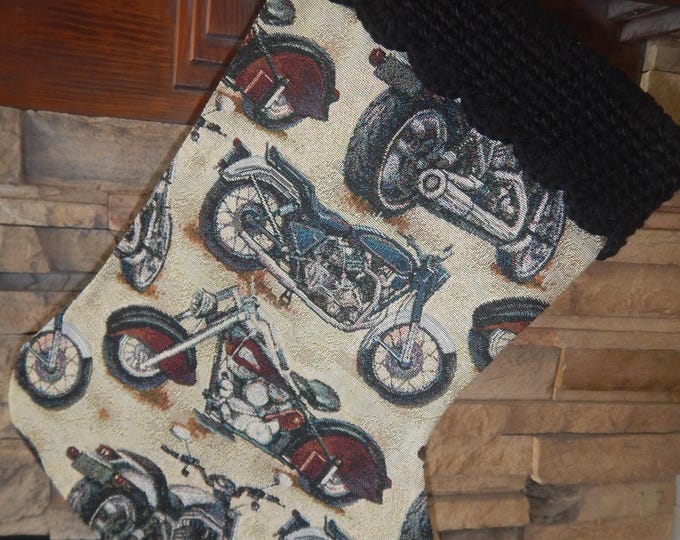 22" Handmade Motorcycle tapestry Christmas Stocking with wool cuff