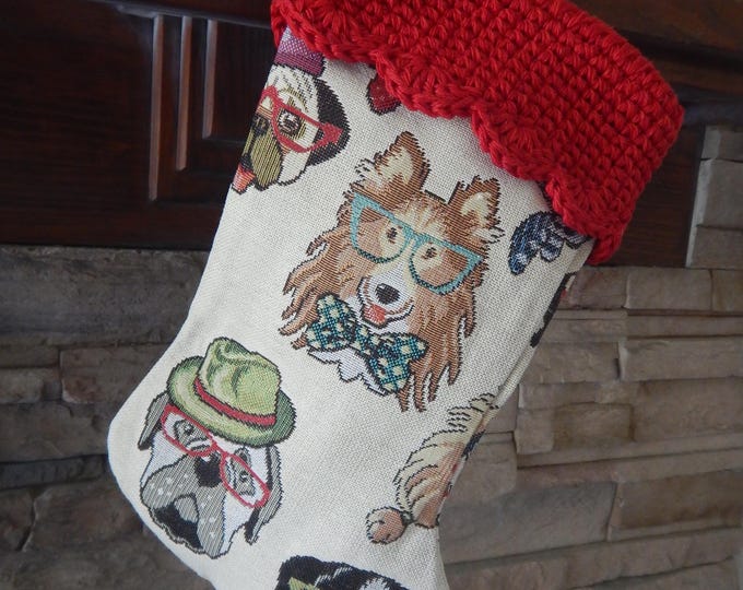 15" Handmade Laughing Dogs tapestry Christmas Stocking