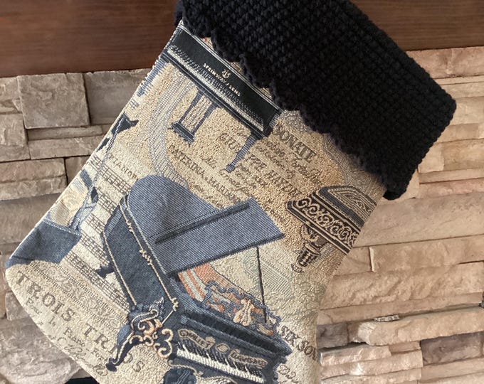 22” Handmade Grand Piano tapestry Christmas Stocking with wool cuff