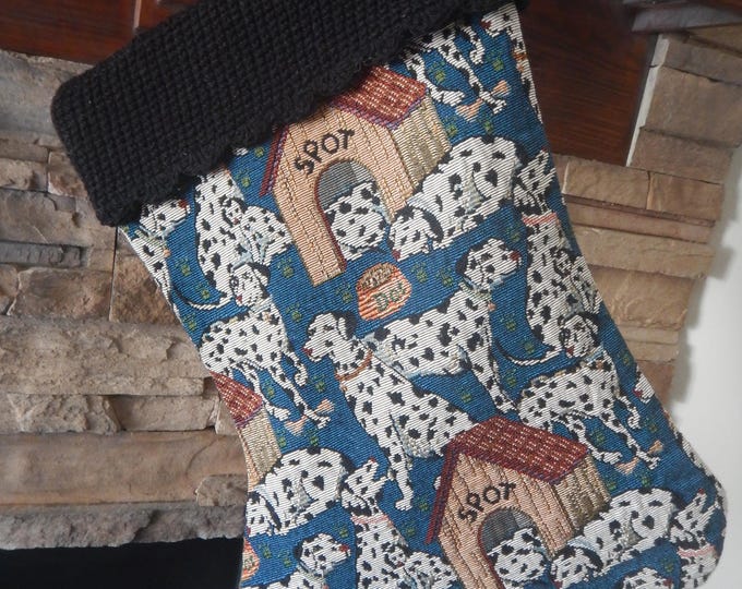 22" Handmade Dalmatians/Spot Dog House tapestry Christmas Stocking with wool cuff