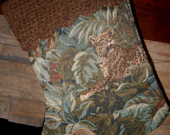 22" Handmade Tiger/Elephant tapestry Christmas Stocking with wool cuff