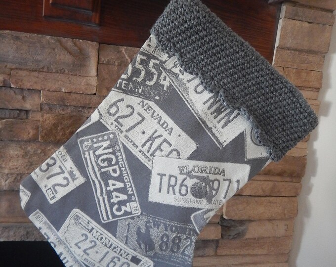 22" Handmade License Plate Tapestry Christmas Stocking