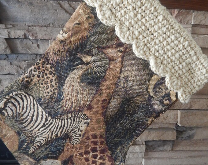 22" Handmade Zebra/Giraffe tapestry Christmas Stocking with wool cuff
