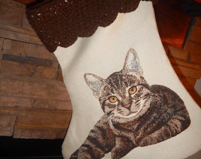 24" Handmade Cat Christmas Stocking with wool cuff
