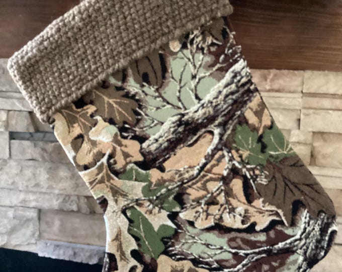 22" Handmade Camouflage tapestry Christmas Stocking with wool cuff