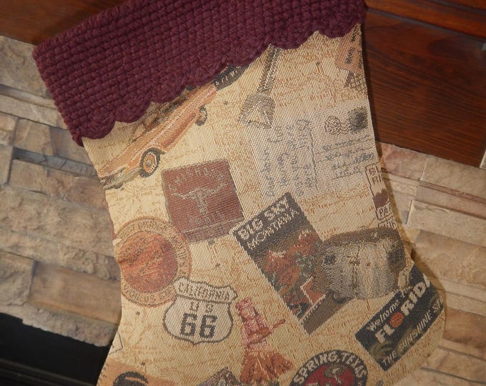 22" Handmade Airstream Travel Tapestry Christmas Stocking with wool cuff