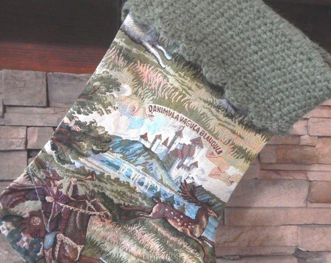 22" Handmade Robin Hood castle tapestry scene Christmas Stocking with wool cuff