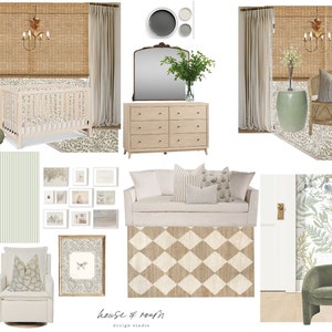 Puede incluir: Un tablero de inspiración para el diseño de una guardería con una cuna blanca, un sillón verde, una cómoda blanca, una mesita de noche verde, una silla de mimbre, un sofá blanco, un sillón verde, una alfombra estampada, un estampado enmarcado y una muestra de papel tapiz.