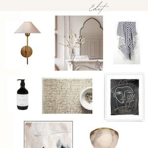 Puede incluir: Inspiración para la decoración del baño con una lámpara de pared dorada con pantalla blanca, un dibujo en blanco y negro de una cara, una manta de rayas blancas y azules, una pintura abstracta blanca y gris, una alfombra marrón y blanca, una botella de vidrio transparente con dispensador de bomba y una lámpara de globo blanca y dorada. El texto "Bathroom Decor Edit" está en la parte superior de la imagen.