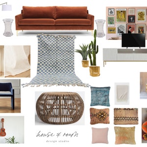 Puede incluir: Un tablero de inspiración para una sala de estar con un sofá de terciopelo marrón, una alfombra a cuadros azul y blanca, un cactus grande en maceta, una consola multimedia blanca, una silla de terciopelo azul, un puf de mimbre, una variedad de almohadas y una colección de cuencos.