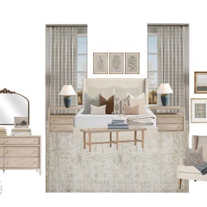 Puede incluir: Un dormitorio con una cama tapizada en beige con una cabecera con estampado marrón y blanco, un banco de madera al pie de la cama y un sillón tapizado en beige con un cojín. La habitación tiene una alfombra beige claro, dos mesitas de noche y una cómoda con un espejo.