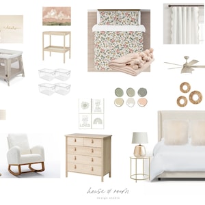 Servicio de diseño de interiores. Diseño completo de habitación infantil, mood board y lista de compras. Selecciones de decoración del hogar, diseña mi espacio, diseño digital.