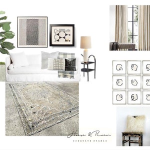 Puede incluir: Un tablero de humor de diseño de interiores para una sala de estar con un sofá blanco, almohadas con patrones en blanco y negro, una alfombra en blanco y negro, una mesa auxiliar negra con una lámpara y un conjunto de nueve dibujos abstractos en blanco y negro enmarcados.