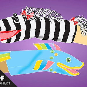 Könnte beinhalten: Ein druckbares PDF-Muster zum Basteln von zwei Sockenpuppen: einem Zebra und einem Fisch. Die Zebra-Puppe hat schwarz-weiße Streifen, eine rote Schleife und einen rosa Mund. Die Fischpuppe ist blau mit gelben, grünen und rosa Streifen und hat einen gelben Mund und grüne Augen.