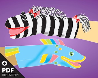 PDF. SimPups easy-to-make Zebra/Horse & Fish simple hand puppet pattern with an open mouth design for animated productions and play.