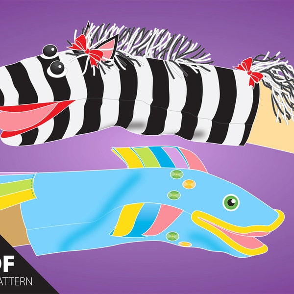 PDF. SimPups easy-to-make Zebra/Horse & Fish simple hand puppet pattern with an open mouth design for animated productions and play.