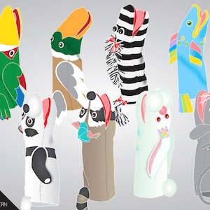 May include: A set of seven finger puppet patterns, including a fish, a duck, a zebra, a panda, a raccoon, a bunny, and a mouse. The patterns are printed on white paper and are ready to be cut out and sewn.