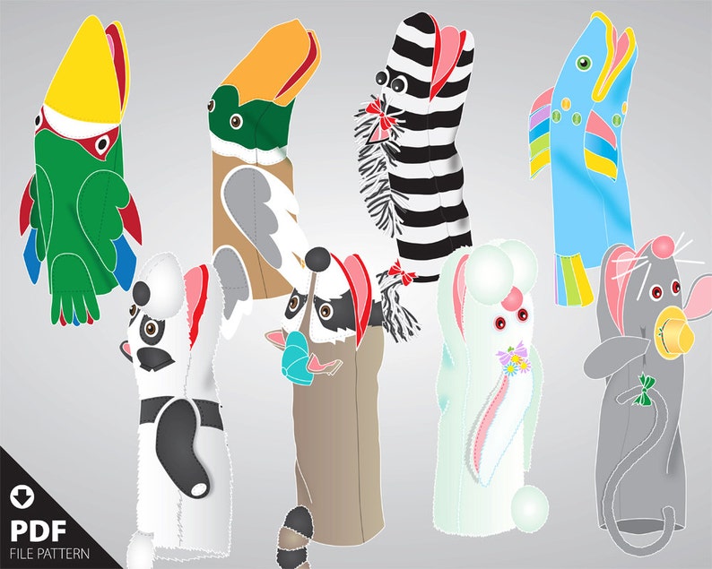 Parrot Puppet Pattern PDF. Simpups 8 Hand Puppet Patterns: Parrot, Duck, Zebra, Fish, Panda ...