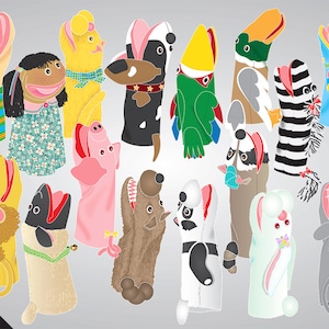 May include: A set of 15 colourful finger puppets featuring various animal designs, including a pig, a duck, a raccoon, a fish, a dog, a cat, a bunny, a mouse, and more. The puppets are made from felt and have embroidered details.