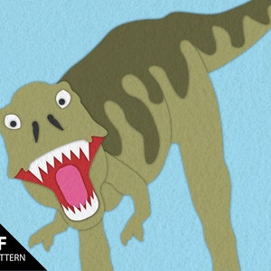 May include: A green papercraft dinosaur with a red mouth and white teeth. The dinosaur is facing the viewer with its mouth open and its eyes wide. The background is light blue.