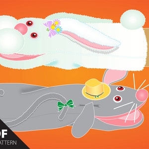 May include: A PDF pattern for a gray mouse and a white bunny puppet. The mouse puppet has a yellow hat and a green bow. The bunny puppet has a pink nose and a pink bow with flowers.