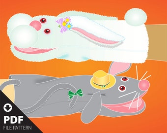 May include: A PDF pattern for a gray mouse and a white bunny puppet. The mouse puppet has a yellow hat and a green bow. The bunny puppet has a pink nose and a pink bow with flowers.
