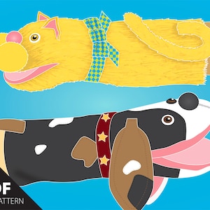 May include: A PDF file pattern for making two different dog hand puppets. The first puppet is a yellow dog with a blue and yellow bow tie. The second puppet is a black and white spotted dog with a red and gold collar.