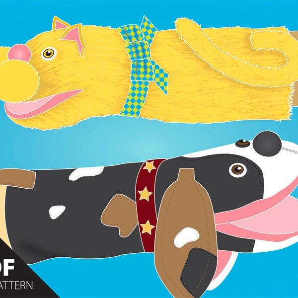 PDF. SimPups easy-to-make Cat & Dog simple hand puppet pattern with an open mouth design for animated productions and play.