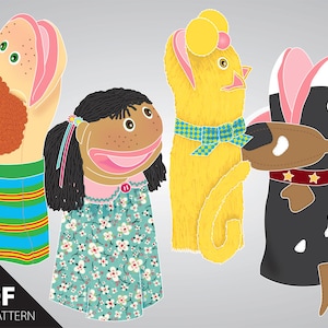May include: A set of four puppet patterns featuring a girl with brown skin and a floral dress, a boy with a striped shirt, a yellow cat with a blue and green bow, and a black and white dog with a brown nose and a red star-studded collar.