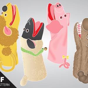 May include: Four colorful hand puppets, a yellow lion, a beige dog, a pink pig, and a brown wolf. The puppets are all open-mouthed and have large eyes. The puppets are designed to be worn on the hand and have a finger hole for the thumb. The puppets are made of felt and have a variety of textures. The puppets are perfect for imaginative play and storytelling.