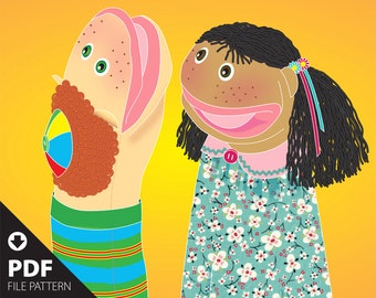 PDF. SimPups easy-to-make Boy & Girl simple hand puppet pattern with an open mouth design for animated productions and play.