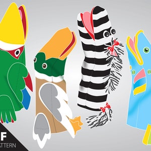 May include: A PDF file pattern for making four finger puppets: a green fish, a brown duck, a black and white striped fish, and a blue fish with rainbow tail.