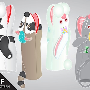 May include: Four different finger puppet patterns for sewing. The puppets are a panda, a raccoon, a bunny, and a mouse. The patterns are in black and white, brown and white, light blue and white, and gray and white.