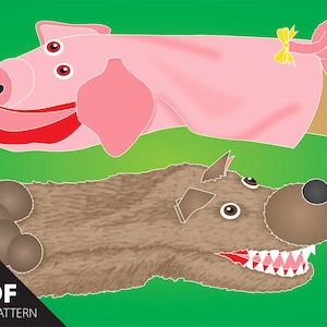 May include: PDF file pattern for making two hand puppets: a pink pig with three eyes and a brown wolf with sharp teeth.