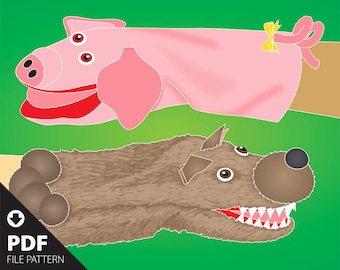 PDF. SimPups easy-to-make Pig & Wolf simple hand puppet pattern with an open mouth design for animated productions and play.