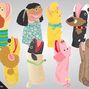May include: A set of eight finger puppets, including a girl with brown hair, a yellow cat, a black and white dog, a brown lion, a white sheep, a pink pig, a brown bear, and a red and blue striped puppet.