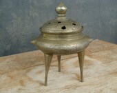 Vintage Antique Hand Chased Chinese Six Character Signed Ming Brass Or Bronze Lidded Censer Tripod Three Footed Incense Burner Covered