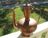 Antique Hand Made Hammered Copper Coffee Tea Pot Brass Handle Primitive Riveted Dovetail Seam Spout Tin Tinned Lined Turkish Islamic Type