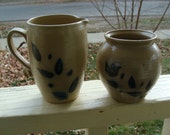 Hand Thrown Pottery Salt Glazed Stoneware Sugar Creamer Set Cobalt Blue Decorated