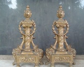 Pair Antique French Brass Andirons Fire Dogs Solid Brass And Irons Neoclassical Chenets