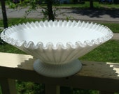 Antique Crested Ruffled Brim Bowl Large Size Centerpiece Fruit Bowl Ribbed With Fine Rib Pattern On Milk White Glass Unsigned Silvercrest