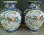 Large Matching Pair Of Vintage Chinese Porcelain Vases Hand Painted Landscape Scenes With Figures On Horses And Dogs Playing Two Vase Set