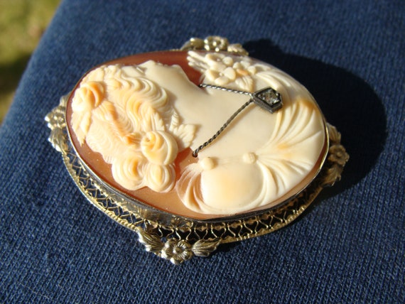 Antique Italian Shell Cameo Brooch Pendant 14k Wh… - image 6
