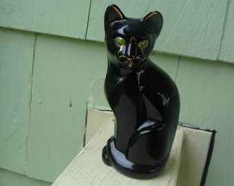 Fenton Art Glass Egyptian Black Cat Figurine Hand Painted Face Signed D Hanlon BW Measures 5"h