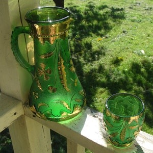 Antique Early American Pattern Glass Green Delaware Water Pitcher and ...
