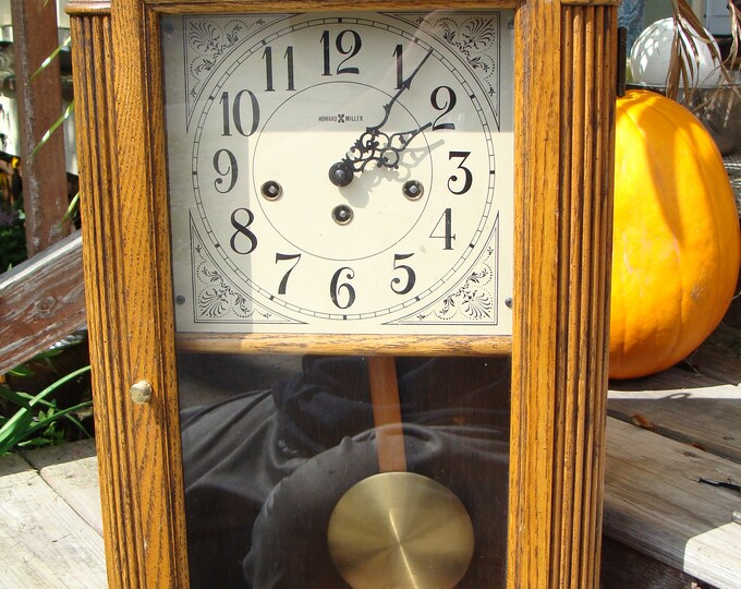 Vintage Oak Framed Pendulum Clock Howard Miller Sandringham Wall Clock