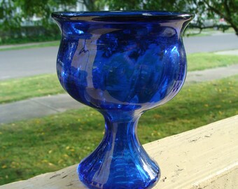 Mid Century Blenko Hand Blown Cobalt Art Glass Compote Vase Pontiled Unsigned Wayne Husted 5-1/4"h