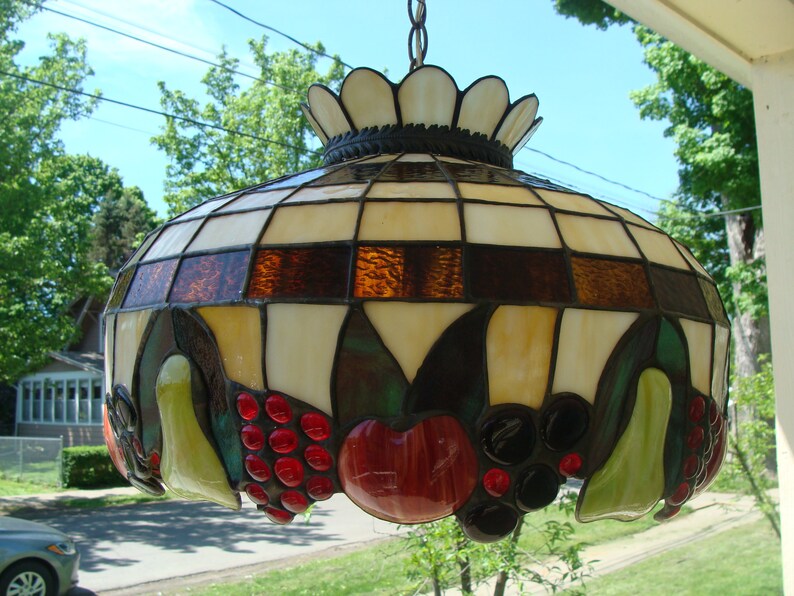 Vintage Style Stained Glass Lamp Shade Slag And Fruit Swag Hanging Pendant Panel Chandelier Apple G Pear Cherry