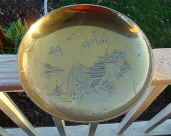 Vintage Asian Japanese Or Chinese Solid Brass Bowl Platter Etched Art Mountains Seascape Pagoda And Aloe Heavy 5 pounds