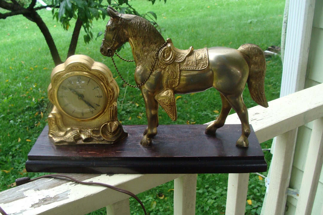 Vintage Gold Tone Metal Cowboy Clock and Horse Clock Topper Equestrian